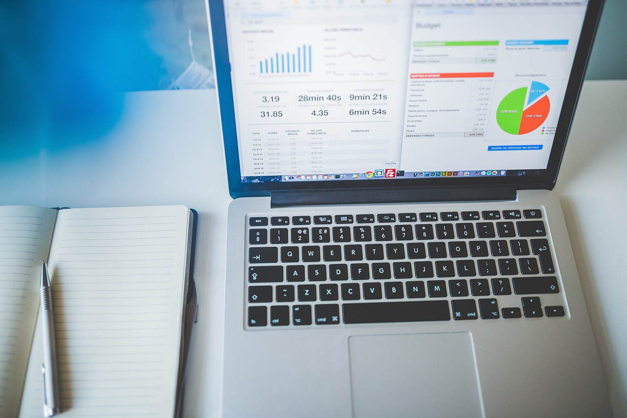 A laptop displaying charts and graphs used for QuickBooks setup optimization and bookkeeping system training.