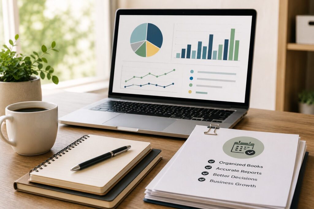 Monthly bookkeeping services Charlotte NC with financial reports, bookkeeping dashboard, and organized business records