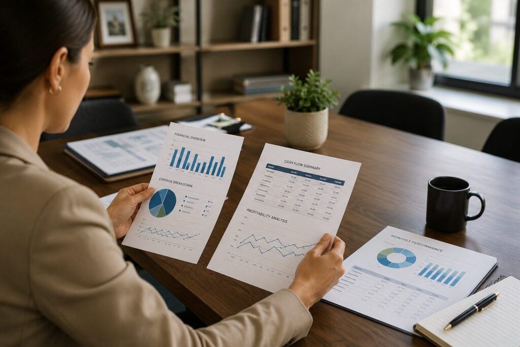 Small business owner reviewing monthly financial reports and bookkeeping data