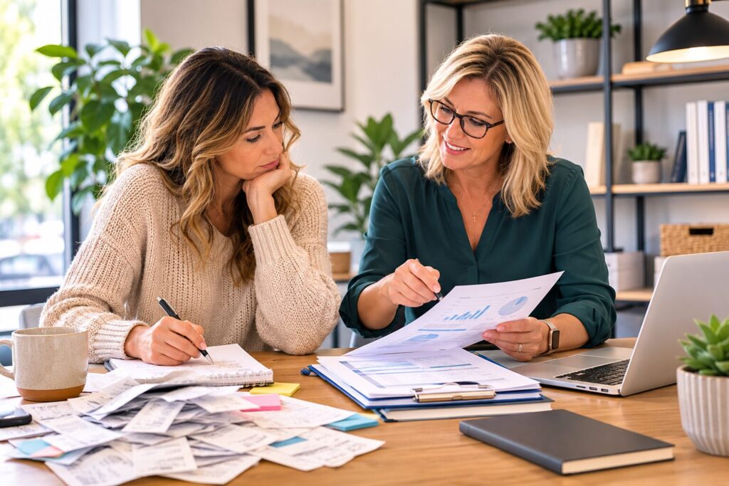 Small business owner comparing DIY bookkeeping with professional bookkeeping support in a modern office
