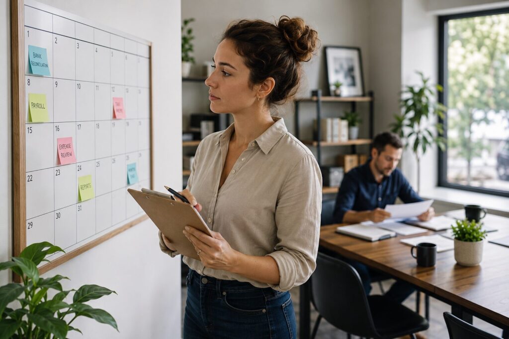 Small business owner reviewing a monthly bookkeeping schedule in a modern office while planning financial tasks